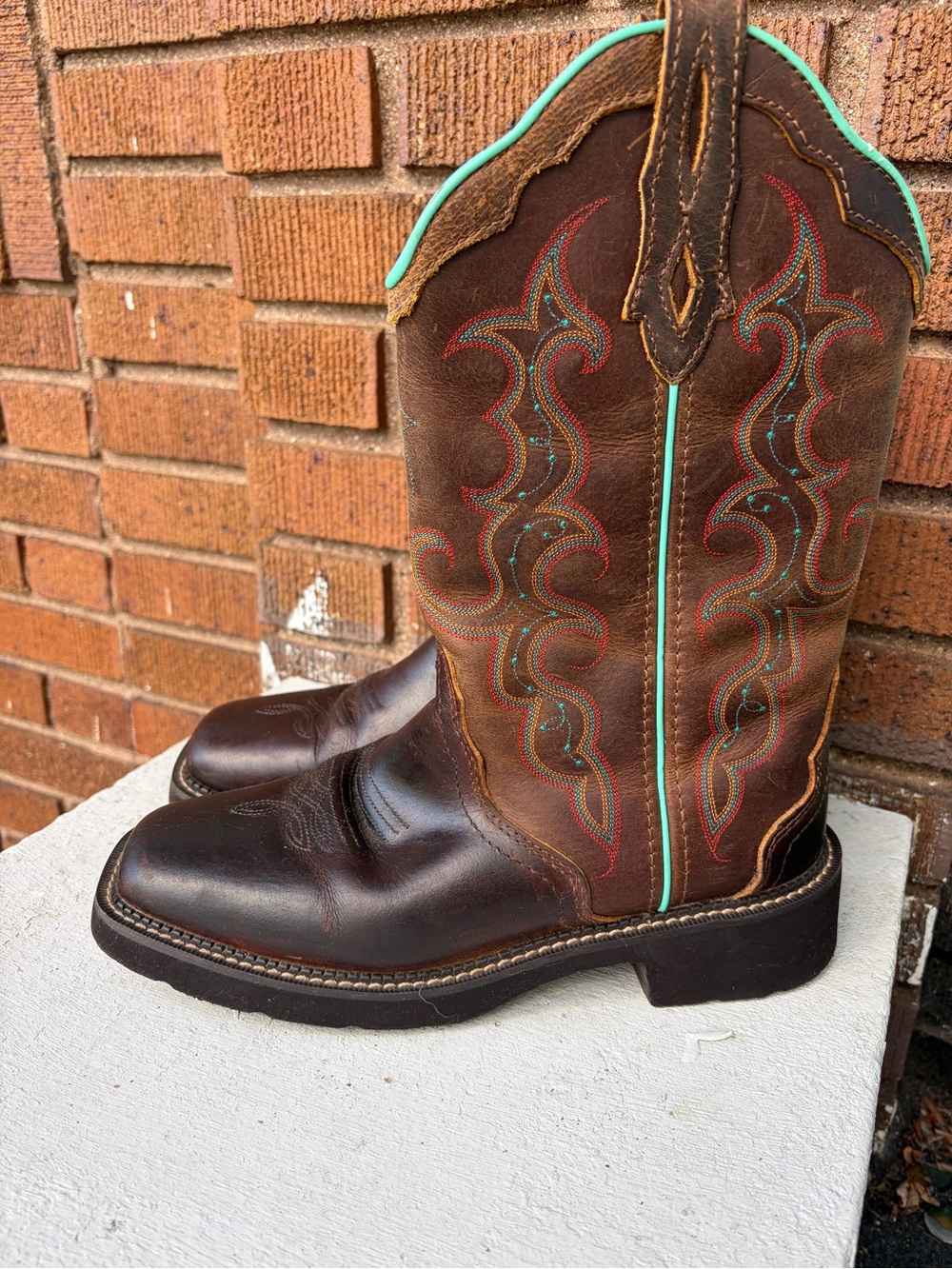 Justin Boots Brown Leather Cowboy Boots with Turquoise Trim